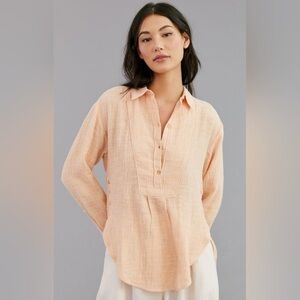 Anthropologie Boho Beach Gauzy Cotton V-Neck Side Button Orange Medium